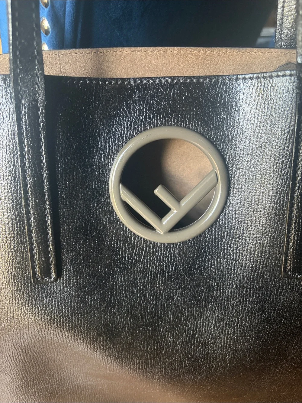 Fendi Black Leather Logo Tote with Tan Trim